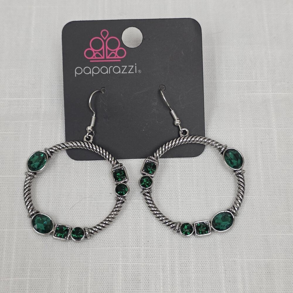 Paparazzi Silver Tone Twisted Hoop Dangle Earrings Emerald Green Rhinestone Stat